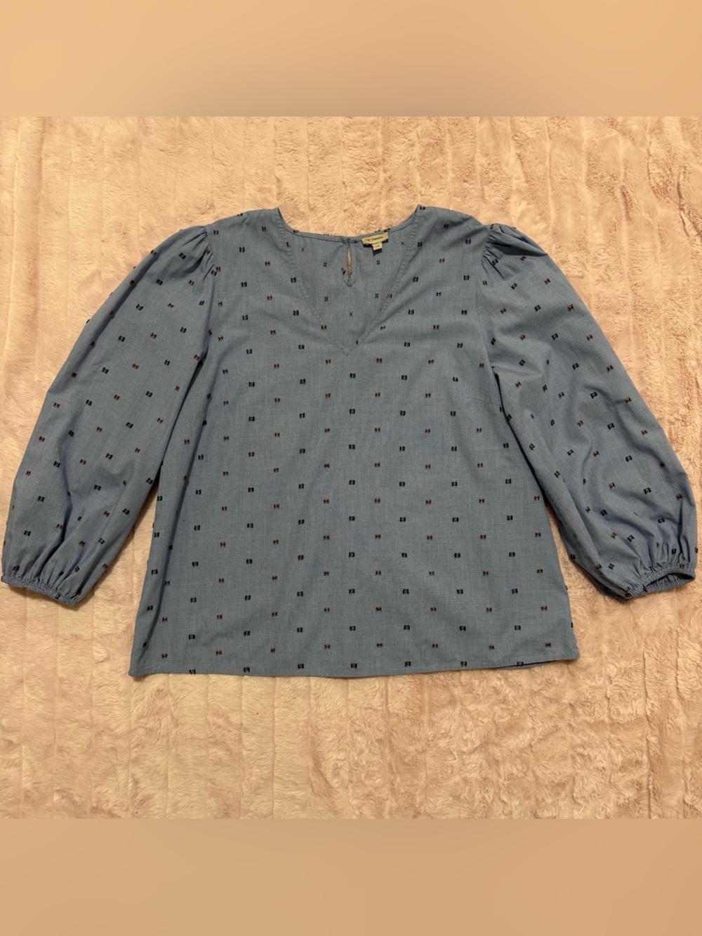 Cremieux - Light Blue Printed 100% Cotton V-Neck Puff-Sleeve Blouse - Size XS